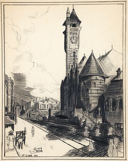 American Scene pencil drawing St. Louis in 1913