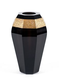Moser 7 sided dark amethyst and inlaid brass vase