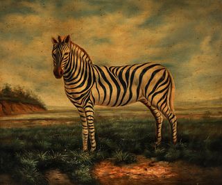 20th Century Oil on Canvas Zebra in Landscape 