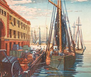 Louis Novak color woodcut Fish Pier, Boston