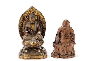 Two Chinese Carved Wood Buddhistic Figures