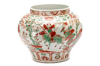 Chinese Yuan Style Pot, Red & Green Figural Scenes