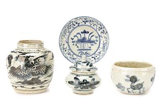 Four Blue & White Glazed Chinese Pottery Items