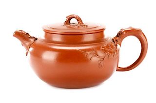 Chinese Red Yixing Zisha Leaf Motif Teapot
