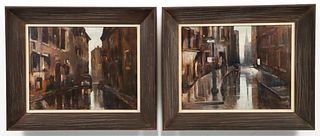 Pair of Mid 20th Century Street Scenes Oil on Canvas 