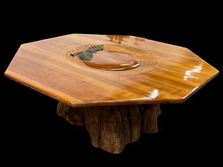 Custom Carved Octagonal Table with 48 inch Cyprus Tree Trunk Base