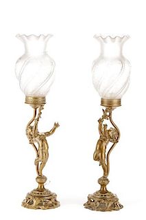 Pair, Gilt Metal Cherbum Lamps w/ Frosted Shades
