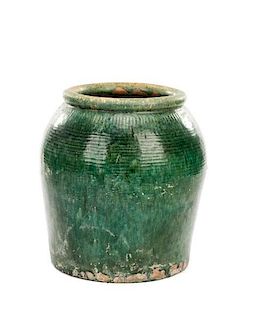 Large Green Glazed Earthenware Pottery Jar
