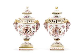 Pair of Armorial Porcelain Potpourri Covered Jars