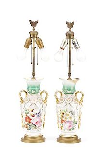 Pair, Old Paris Porcelain Floral Urn Motif Lamps