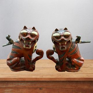 Pair of Hand Carved Wood, Korean, Tigers with Birds