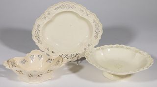 ENGLISH CREAMWARE RETICULATED TABLE ARTICLES, LOT OF THREE