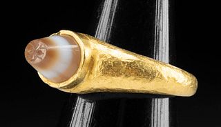 Roman 24K Gold Ring Eye Agate Intaglio w/ Ant