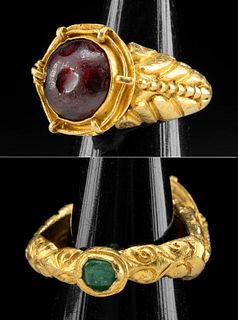 7th C. Byzantine Gold Ring w/ Garnet Cabochon, Emerald