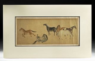 19th C. Chinese Qing Painting on Silk - Playful Horses