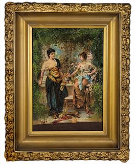 Late 19th C. Painting On Print Oil On Canvas 'Ladies In A Garden' Zatzka Style