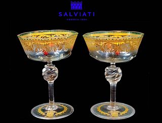 Pair Of 19th C. Venetian Hand Painted Jeweled Salviati cocktail Glasses