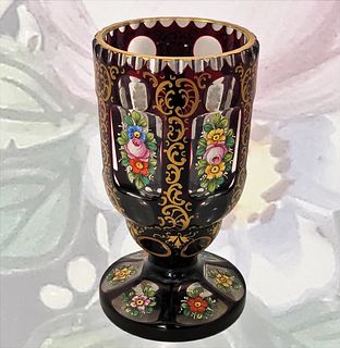19th C. Bohemian Ruby Red Glass Vase With Enamel Flowers