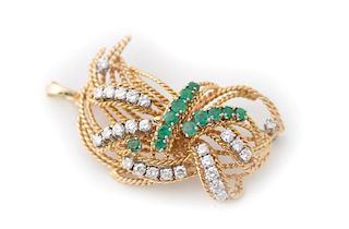 Ladies 18k Yellow Gold, Emerald, & Diamond Brooch