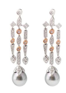 Pair, 14k Two-Tone Gold, Diamond, & Pearl Earrings