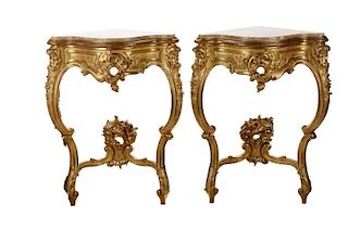 Pair Neoclassical Style Giltwood & Marble Consoles