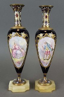 Pair of 19th C. Sevres & Champleve Enamel Vases
