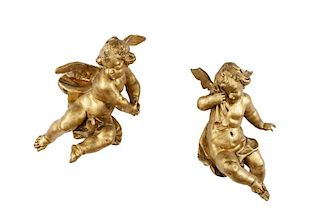 Pair, Carved Italian Giltwood Winged Putti