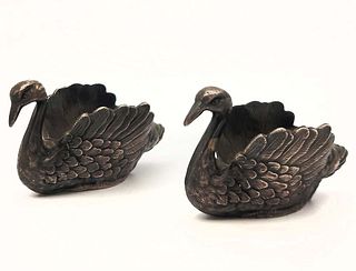Pair Of Chinese Sterling Silver open salt dish Swans