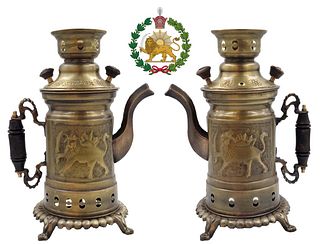 Pair Of Persian, Iranian Brass Signed Samavar With Lion And Son Pahlavi Dynasty Era