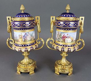 Pair of French Sevres Porcelain & Bronze Urns