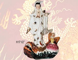 20th C. Chinese Porcelain Group, Guanyin Standing On A Shachihoko