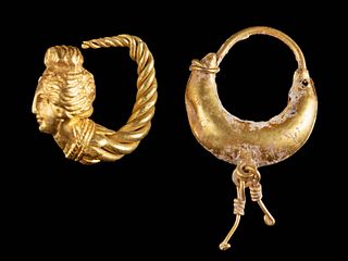 Two Greek Hellenistic Gold Earrings - 1 w/ Aphrodite
