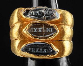 Greek 21K+ Gold Ring w/ Inscribed Agate Stones