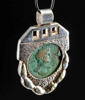 Silver Pendant w/ Roman Brass Hadrian Dupondius Coin