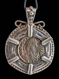 Byzantine Copper Follis Coin in Silver Pendant Necklace