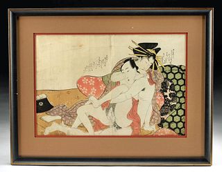 19th C. Japanese Edo Shunga Erotic Woodcut - Lovers