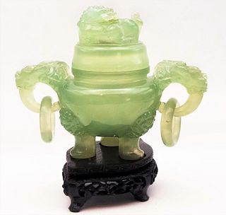 Jade Carved Foo Dog Urn Rings With Stand