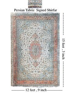 An Exquisite Iran Persian Tabriz Shirfar Silk & Wool Rug, Signed 