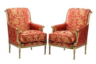 Pair, Louis XV Style Silk Upholstered Armchairs