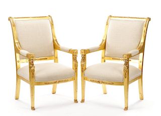 Pair of Flax Linen Giltwood Empire Style Fauteuils