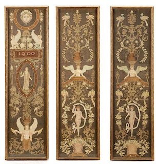 Set of Three Embroidered Allegorical Panels, 1900
