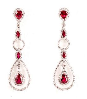 Pair, 18k White Gold, Ruby, & Diamond Earrings