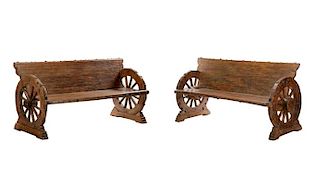 Pair, American Rustic Oak Wagon Wheel Benches