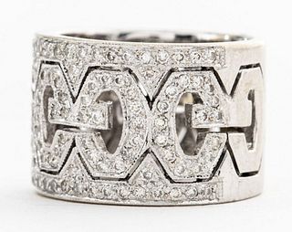 Gucci Style 18K Gold Wide Diamond Filigree Ring