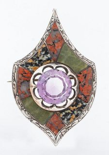 Victorian Silver Amethyst & Agate Brooch / Pendant