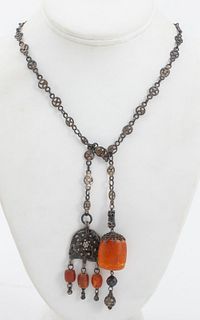 Vintage Moroccan Handmade Silver Amber Necklace