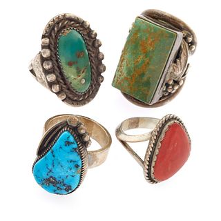 Collection of Four Native American Turquoise, Coral Sterling Rings