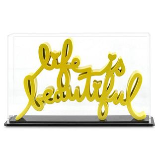 Mr. Brainwash- Resin Sculpture with Display Case "Life is Beautiful (Yellow)"