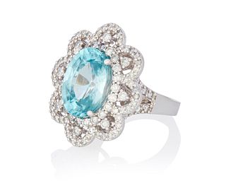 A blue zircon and diamond ring