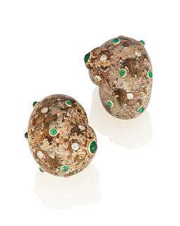 A pair of shell, emerald and diamond ear clips